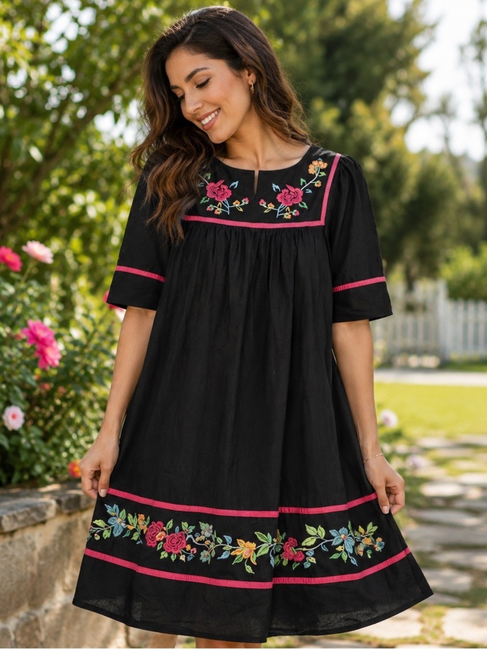 True Vintage 90s Bechamel Black Embroidered Folk Peasant Dress